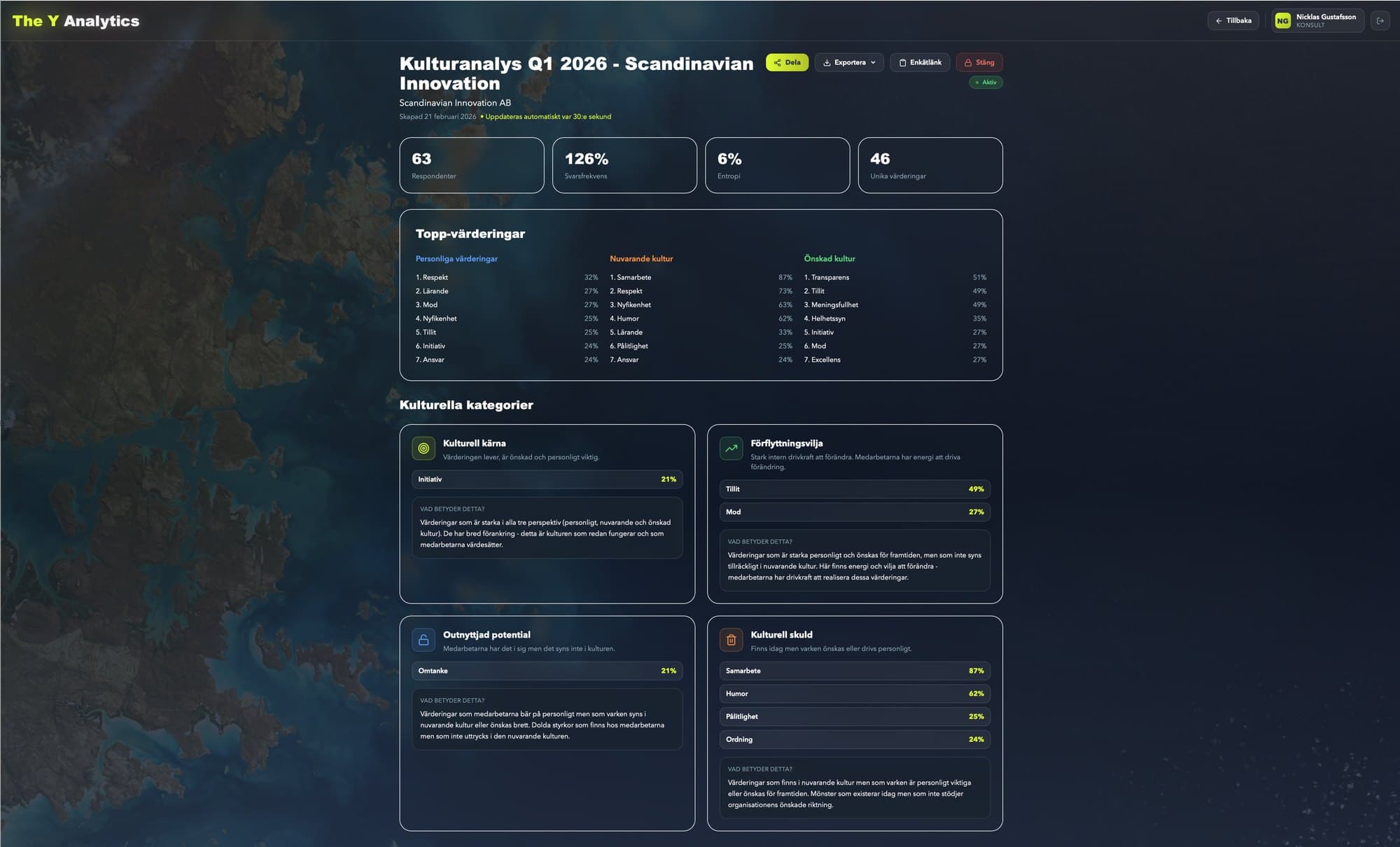 Kulturanalys i The Y Analytics — kulturella kategorier och toppvärderingar för en exempelkund