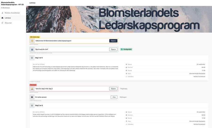 Utbildningsportal med kundens eget programnamn och lärresa